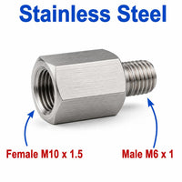 Stainless steel M10x1.5 female to M6x1 male sensor adaptor fitting for conversion, made by MC Motoparts.