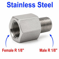 Stainless steel MC Motoparts BSPT tapered R 1/8 inch female to male sensor adaptor fitting for conversion.