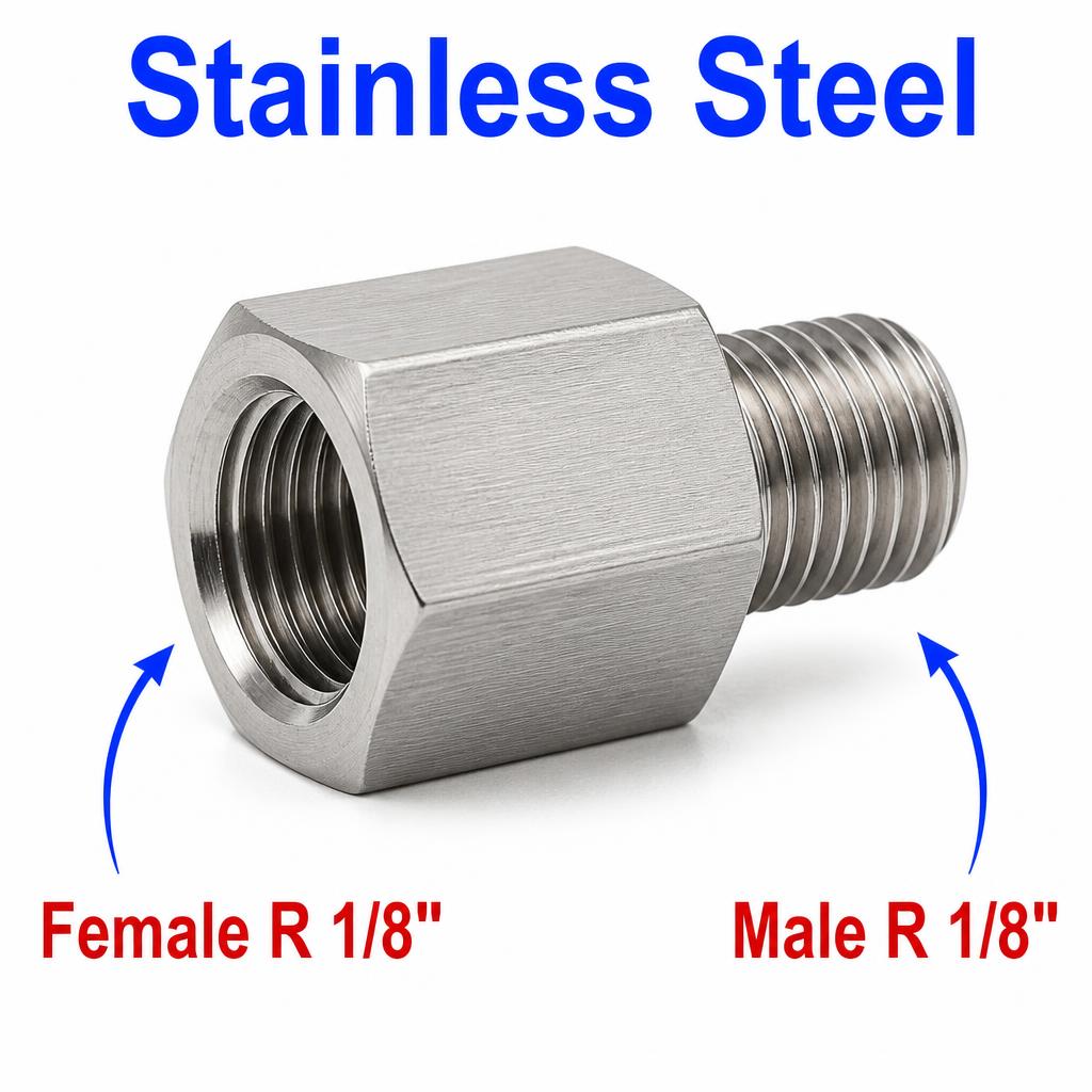 Stainless steel MC Motoparts BSPT tapered R 1/8 inch female to male sensor adaptor fitting for conversion.