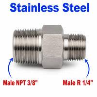 Stainless steel 3/8 inch NPT male to BSPT tapered R 1/4 inch male sensor adaptor fitting for conversion, MC Motoparts APS Fittings.
