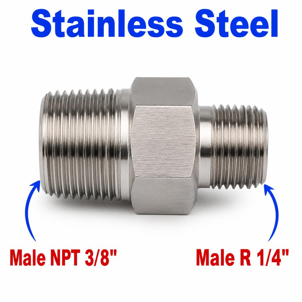 Stainless steel 3/8 inch NPT male to BSPT tapered R 1/4 inch male sensor adaptor fitting for conversion, MC Motoparts APS Fittings.