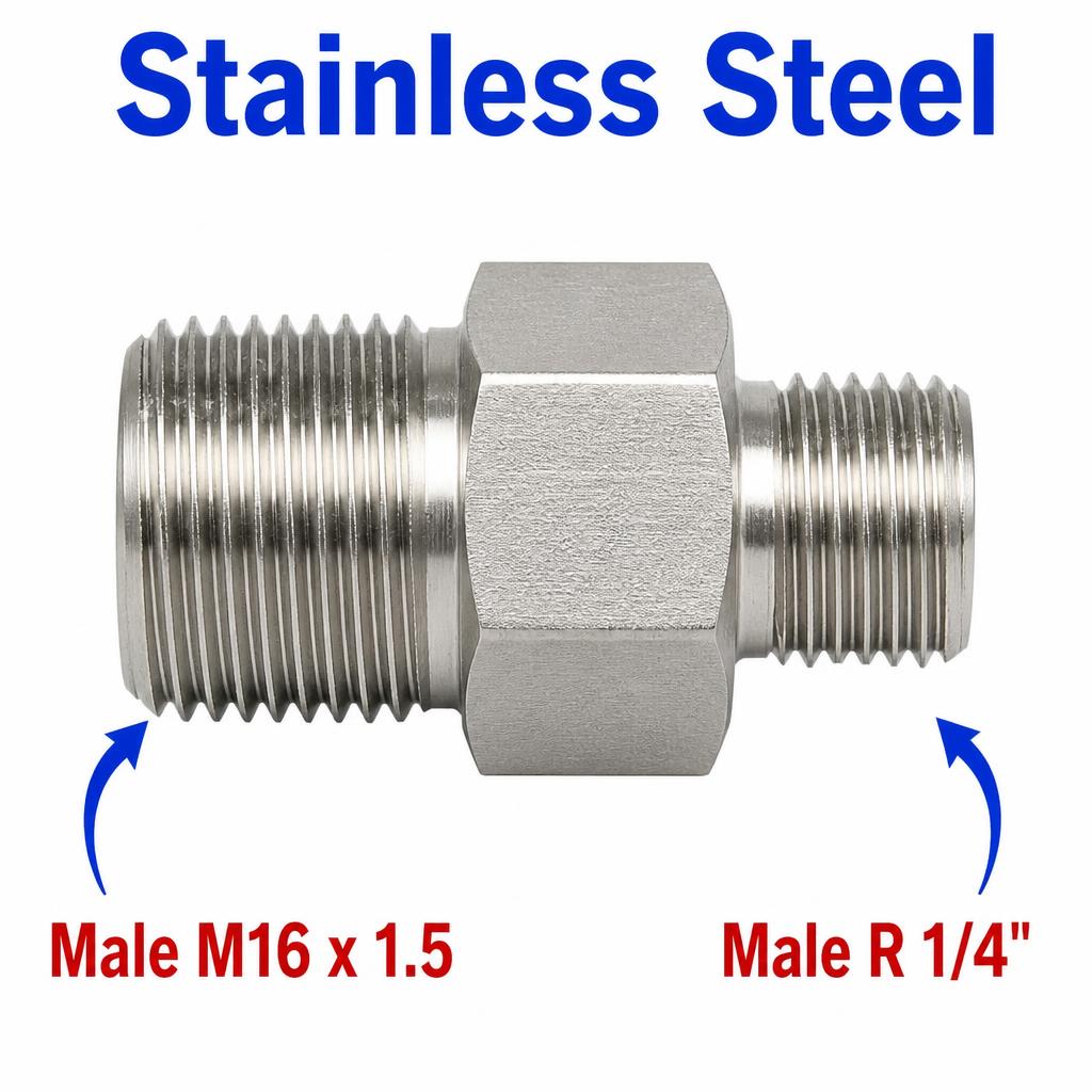 Stainless steel M16x1.5 male to BSPT tapered 1/4 inch male sensor adaptor fitting for conversion applications.