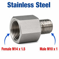 Stainless steel MC Motoparts APS M14x1.5 female to M10x1 male sensor adaptor fitting for motorcycle conversion.