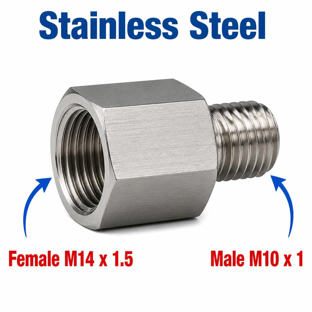Stainless steel MC Motoparts APS M14x1.5 female to M10x1 male sensor adaptor fitting for motorcycle conversion.