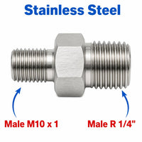 Stainless steel M10x1 male to BSPT 1/4 inch male sensor adaptor fitting for conversion, shown in close-up detail.