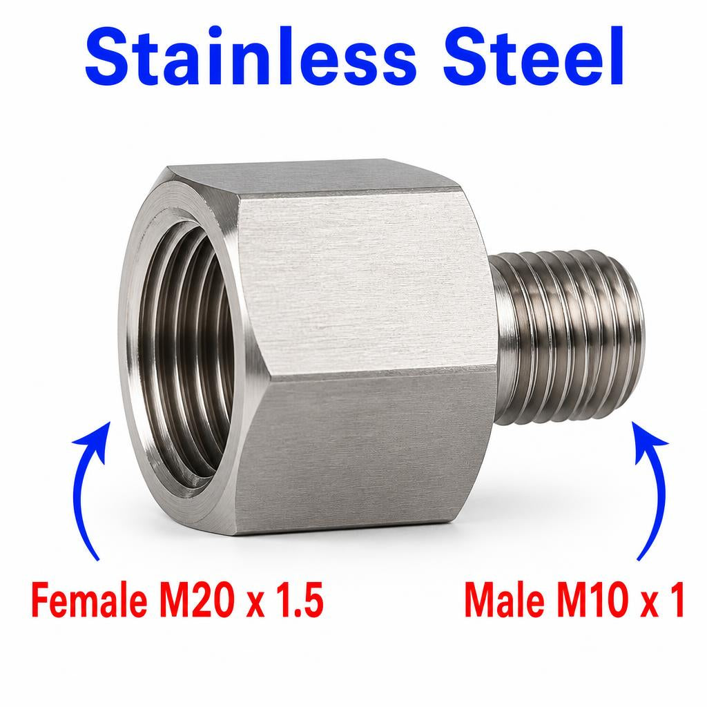 Stainless steel MC Motoparts APS adaptor fitting showing M20x1.5 female to M10x1 male sensor conversion fitting