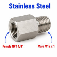 1/8 inch NPT Female to M12x1 Male Stainless Steel 304 Sensor Adaptor Fittings Conversion