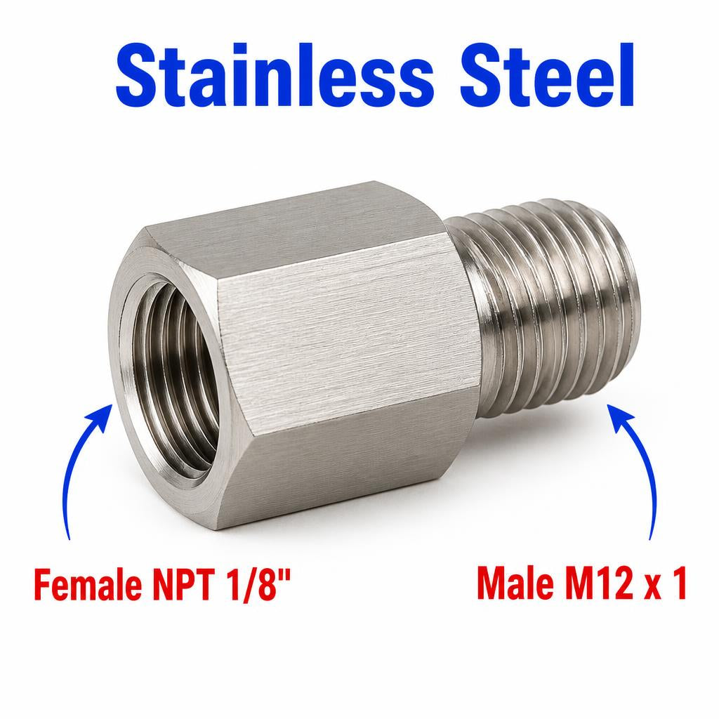 1/8 inch NPT Female to M12x1 Male Stainless Steel 304 Sensor Adaptor Fittings Conversion