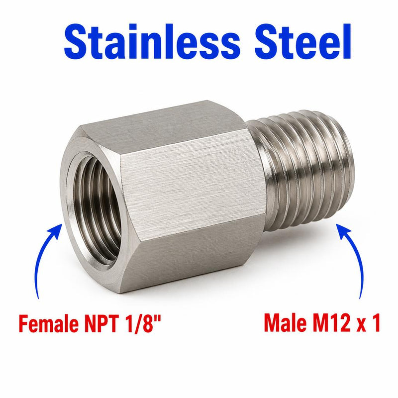 1/8 inch NPT Female to M12x1 Male Stainless Steel 304 Sensor Adaptor Fittings Conversion