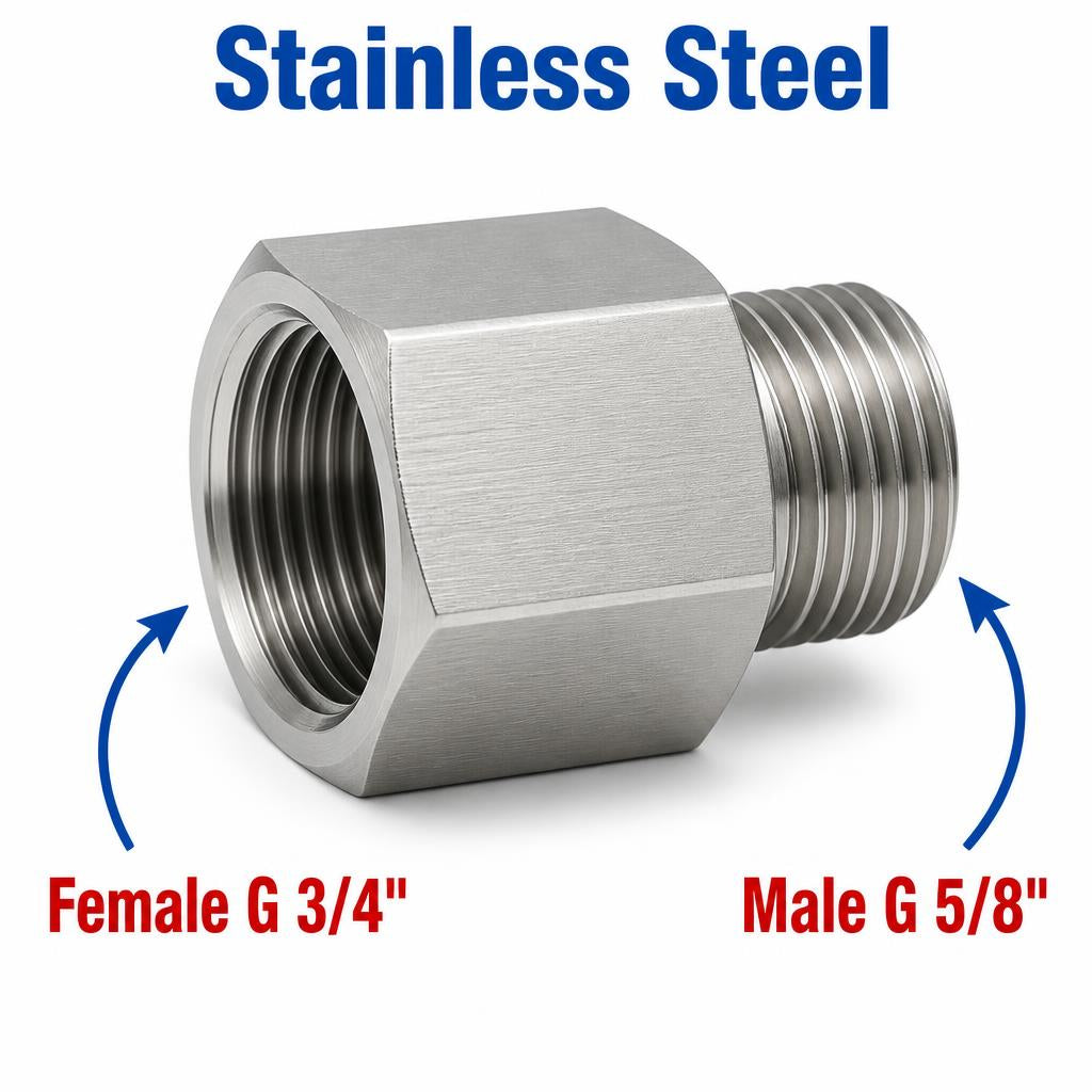 Stainless steel MC Motoparts BSP G 3/4 inch female to 5/8 inch male sensor adaptor fitting for fluid connection conversion.