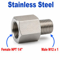 Stainless steel 1/4 inch NPT female to M12x1 male sensor adaptor fitting for conversion, part of APS adaptor fittings by MC Motoparts.
