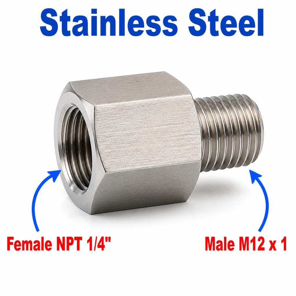 Stainless steel 1/4 inch NPT female to M12x1 male sensor adaptor fitting for conversion, part of APS adaptor fittings by MC Motoparts.