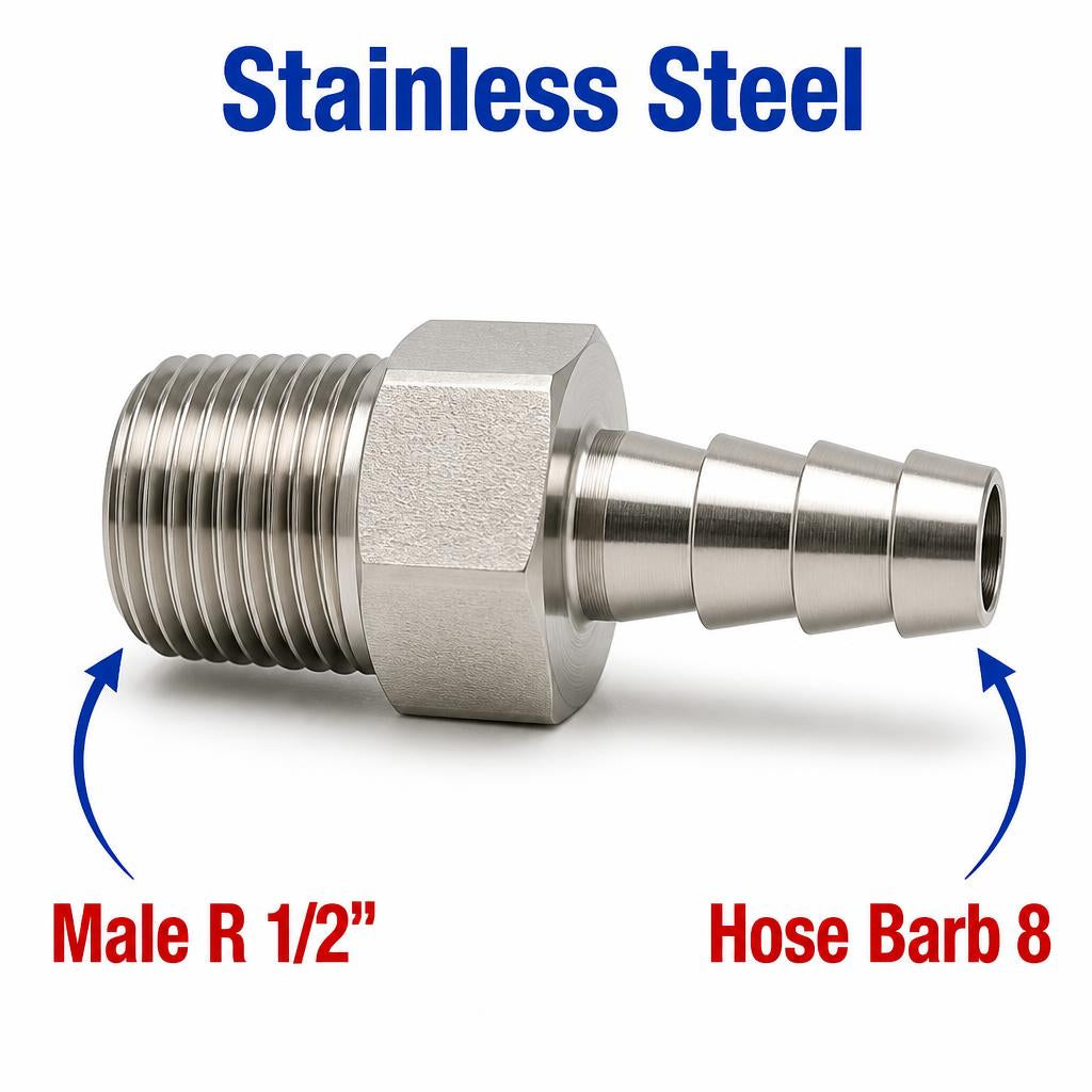Stainless steel MC Motoparts BSPT tapered R 1/2 inch male to 8mm barb sensor adaptor fitting for conversion.