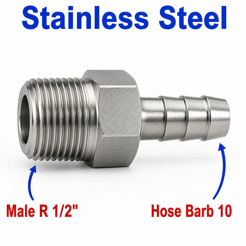 BSPT Tapered R 1/2 inch Male to BARB OD 10mm / 0.4 inch Stainless Steel 304 Sensor Adaptor Fittings Conversion