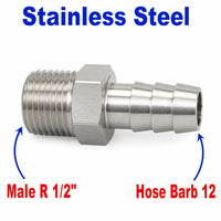 Stainless steel MC Motoparts BSPT tapered 1/2 inch male sensor adaptor fitting with 12mm barb for conversion applications.