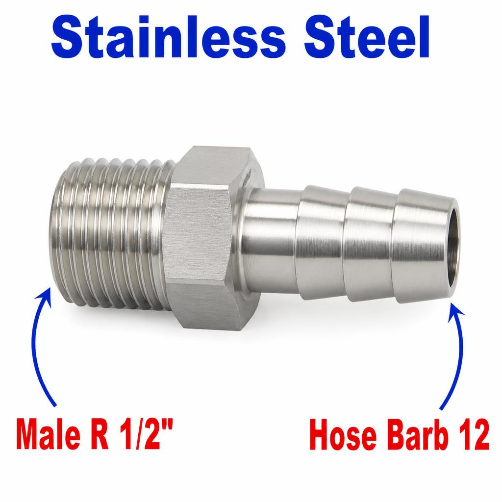 Stainless steel MC Motoparts BSPT tapered 1/2 inch male sensor adaptor fitting with 12mm barb for conversion applications.