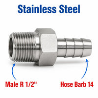Stainless steel MC Motoparts BSPT tapered 1/2 inch male to 14mm barb sensor adaptor fitting for automotive conversions.
