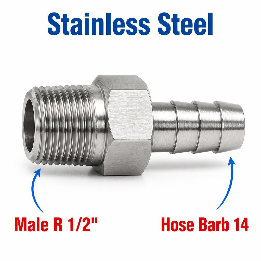 Stainless steel MC Motoparts BSPT tapered 1/2 inch male to 14mm barb sensor adaptor fitting for automotive conversions.