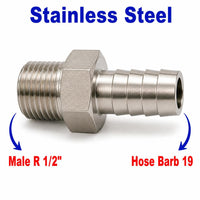 Stainless steel MC Motoparts BSPT tapered male to 19mm barbed sensor adaptor fitting for conversion and installation.