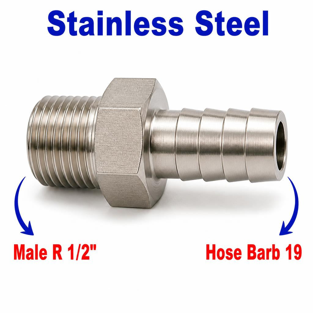Stainless steel MC Motoparts BSPT tapered male to 19mm barbed sensor adaptor fitting for conversion and installation.