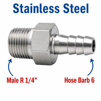 Stainless steel MC Motoparts APS tapered BSPT R 1/4 inch male to 6mm barb sensor adaptor fitting for fluid conversion.