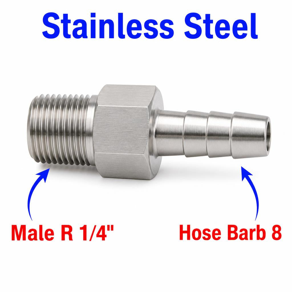 BSPT Tapered R 1/4 inch Male to BARB OD 8mm / 0.32 inch Stainless Steel 304 Sensor Adaptor Fittings Conversion