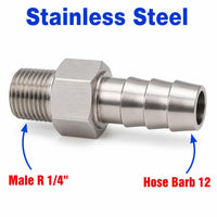 Stainless steel MC Motoparts BSPT tapered 1/4 inch male to 12mm barb sensor adaptor fitting for fuel or fluid connections.