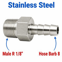 Stainless steel MC Motoparts BSPT tapered 1/8 inch male to 8mm barb sensor adaptor fitting for conversion.
