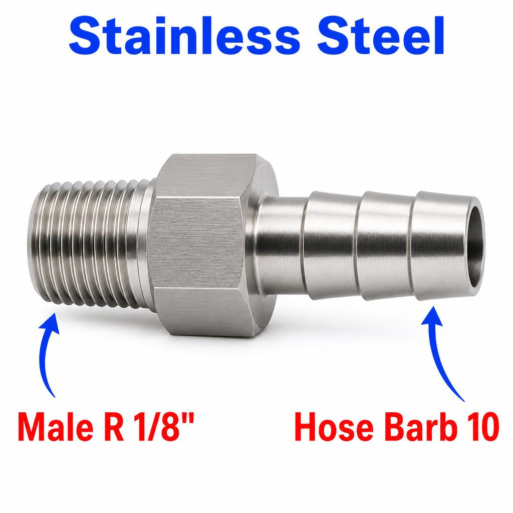 MC Motoparts BSPT tapered stainless steel sensor adaptor fitting with 1/8 inch male to 10mm barb connection for conversion.