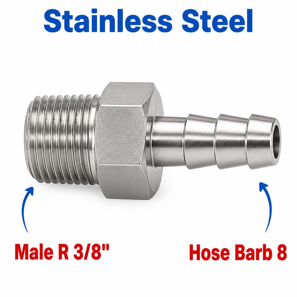 BSPT Tapered R 3/8 inch Male to BARB OD 8mm / 0.32 inch Stainless Steel 304 Sensor Adaptor Fittings Conversion