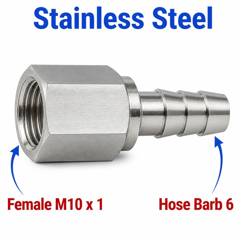 M10x1 Female to BARB OD 6mm / 0.24 inch Stainless Steel 304 Sensor Adaptor Fittings Conversion