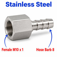 Stainless steel M10x1 female to 8mm Barb sensor adaptor fitting, MC Motoparts APS conversion fitting for automotive sensors.