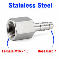 M16x1.5 Female to BARB OD 7mm / 0.28  Stainless Steel 304 Sensor Adaptor Fittings Conversion
