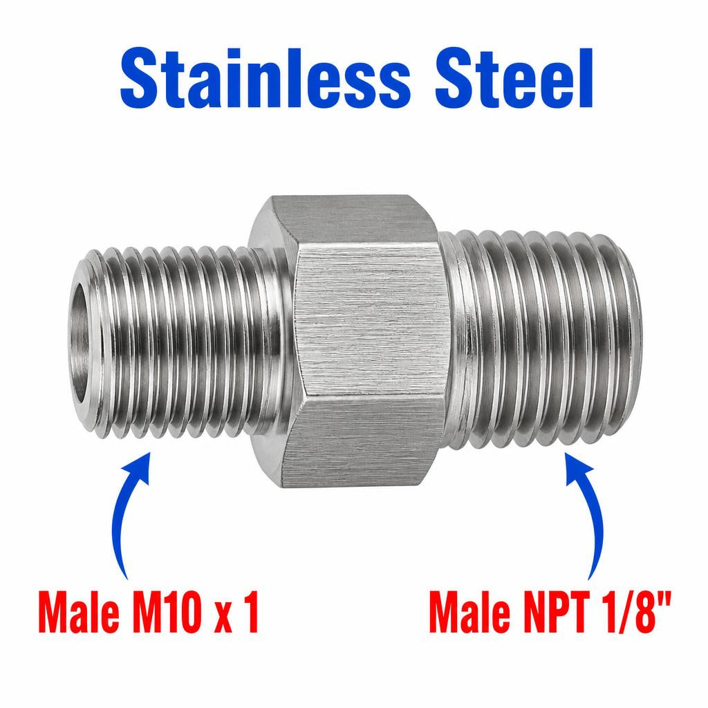 Stainless steel M10x1 male to 1/8 inch NPT male sensor adaptor fitting for conversion by MC Motoparts.