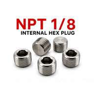 Set of five stainless steel 1/8 inch NPT hex socket pipe plugs for APS adaptor fittings conversion, MC Motoparts.