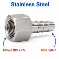 M20x1.5 Female to BARB OD 7mm / 0.28  Stainless Steel 304 Sensor Adaptor Fittings Conversion