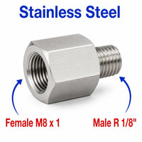 M8x1 female to BSPT tapered 1/8 inch male stainless steel sensor adaptor fitting for conversion by MC Motoparts.
