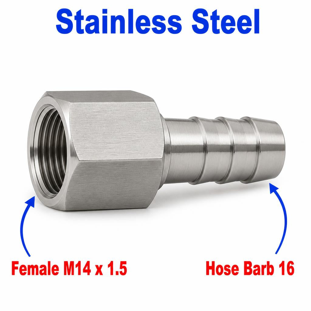 Stainless steel MC Motoparts M14x1.5 female to 16mm barb sensor adaptor fitting for conversion, APS Fittings.