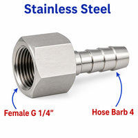 Stainless steel MC Motoparts BSP G 1/4 inch female to 4mm barb sensor adaptor fitting for conversion and fluid connections.