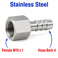 Stainless steel M10x1 female to 4mm BARB sensor adaptor fitting for conversion, MC Motoparts APS adaptor fitting.