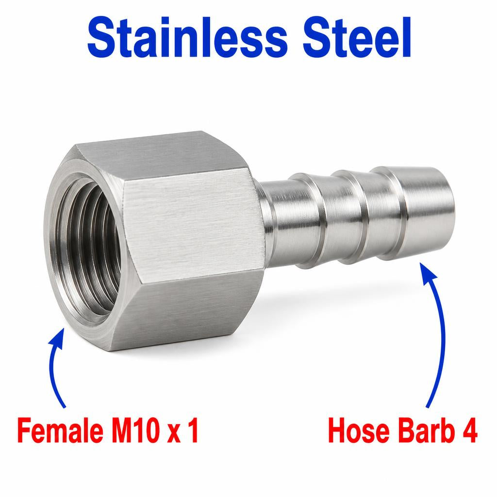 Stainless steel M10x1 female to 4mm BARB sensor adaptor fitting for conversion, MC Motoparts APS adaptor fitting.