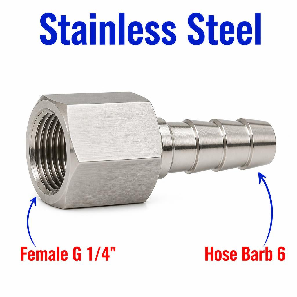 Stainless steel BSP G 1/4 inch female to 6mm barb sensor adaptor fitting for conversion, by MC Motoparts.
