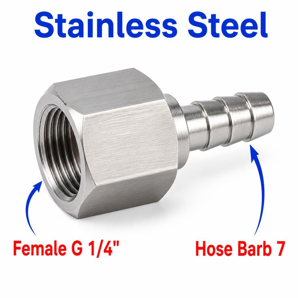 Stainless steel BSP G 1/4 inch female to 7mm barb sensor adaptor fitting for conversion, by MC Motoparts.