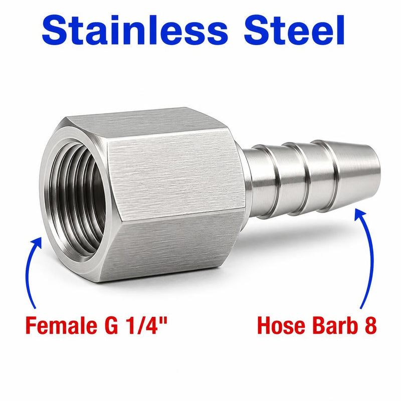 BSP G 1/4 inch Female to BARB OD 8mm / 0.32 inch Stainless Steel 304 Sensor Adaptor Fittings Conversion