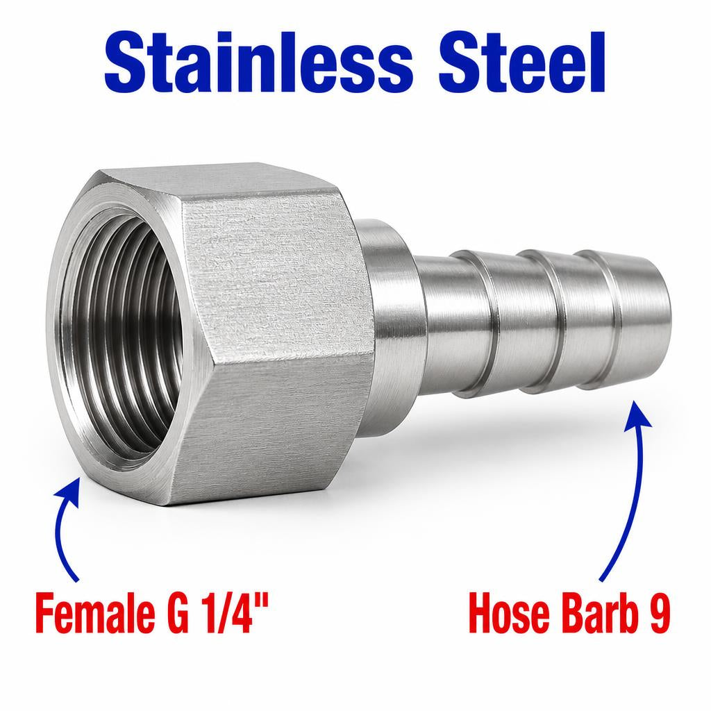 MC Motoparts BSP G 1/4 inch female to 9mm stainless steel barb sensor adaptor fitting for conversion and installation.