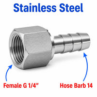 Stainless steel MC Motoparts BSP G 1/4 inch female to 14mm barb sensor adaptor fitting for conversion, shown in close-up.