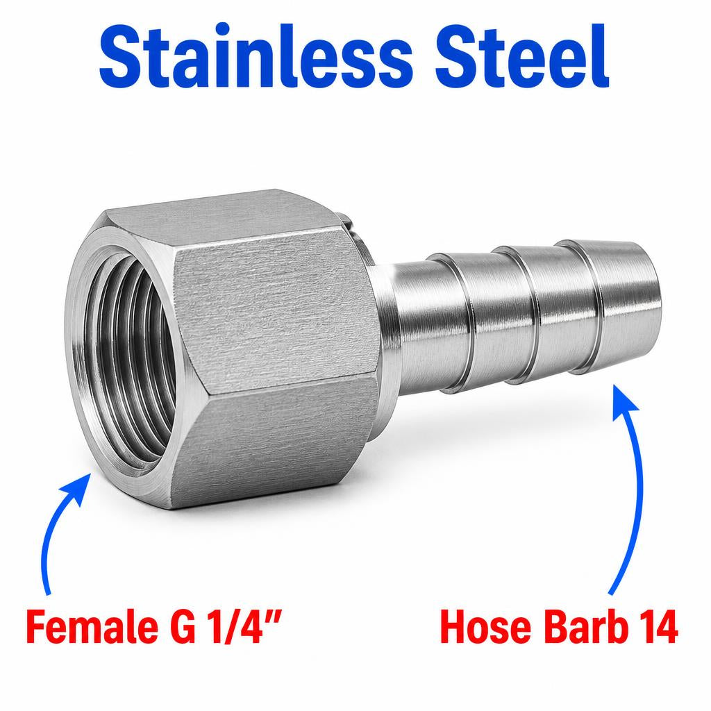 Stainless steel MC Motoparts BSP G 1/4 inch female to 14mm barb sensor adaptor fitting for conversion, shown in close-up.
