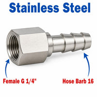 BSP G 1/4 inch Female to BARB OD 16mm/ 0.64 inch Stainless Steel 304 Sensor Adaptor Fittings Conversion