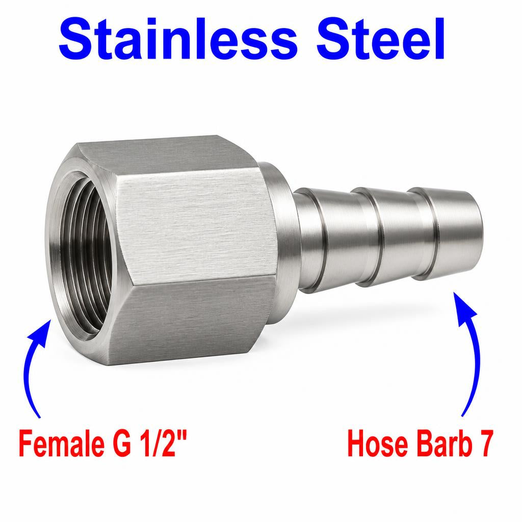 Stainless steel BSP G 1/2 inch female to 7mm barb sensor adaptor fitting, MC Motoparts APS conversion fitting.