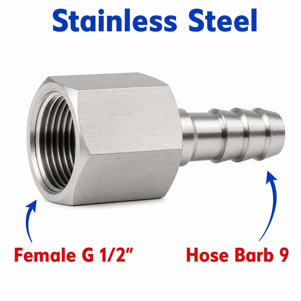 BSP G 1/2 inch Female to BARB OD 9mm / 0.32 inch Stainless Steel 304 Sensor Adaptor Fittings Conversion
